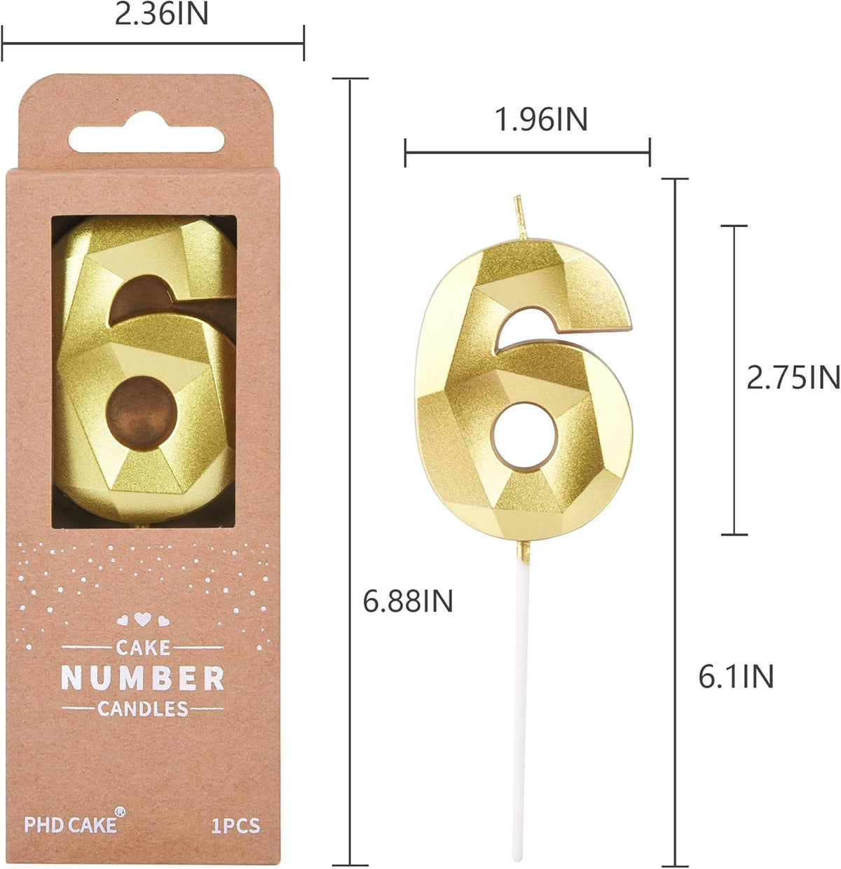 PHD CAKE 2.76 Inch Crystal Gold 6 Number Birthday Candles, Gold Candles, Cake Candles, Party