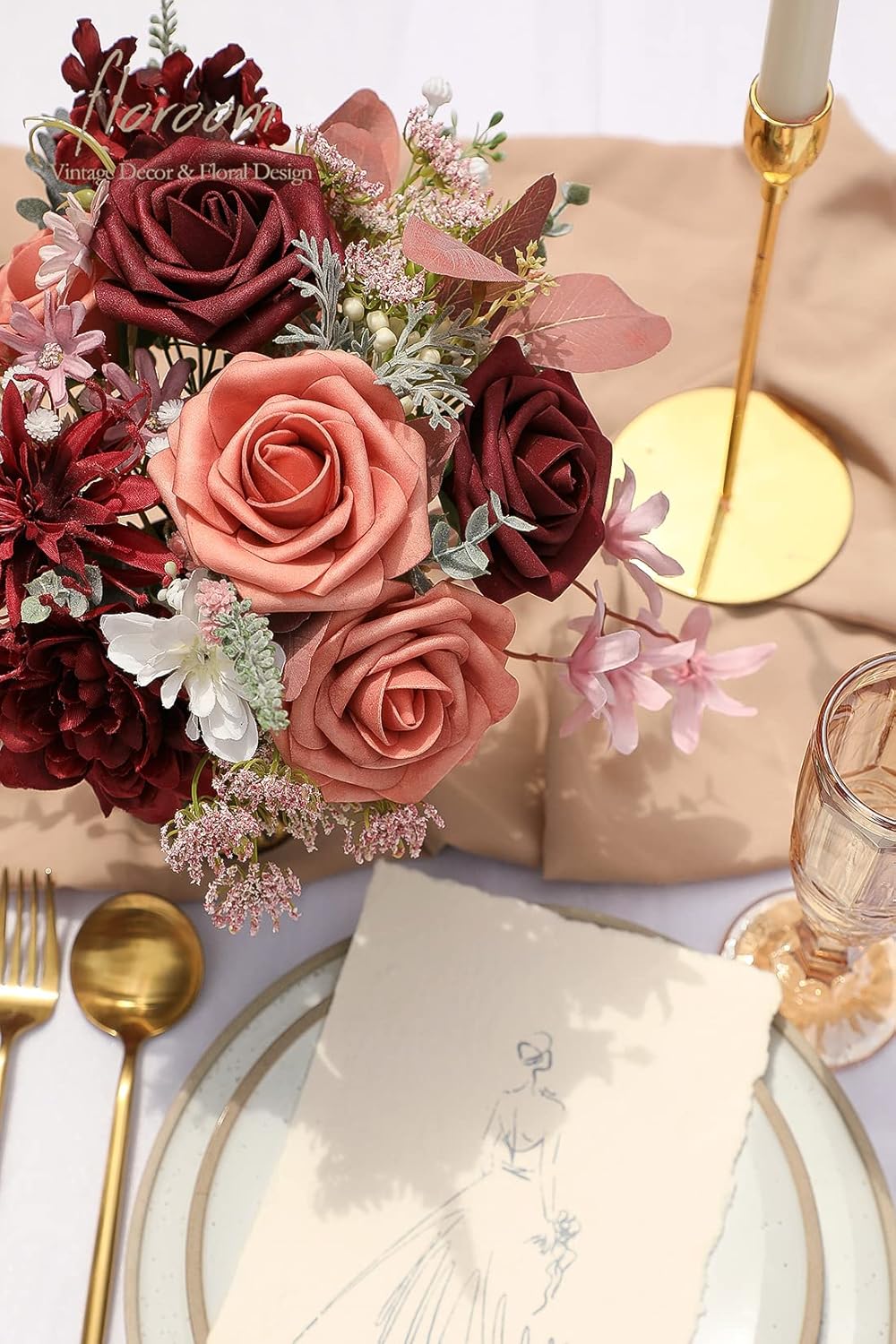 Floroom Artificial Flowers 25pcs Real Looking Burgundy & Pinky Cedar Foam Fake Roses with Stems for
