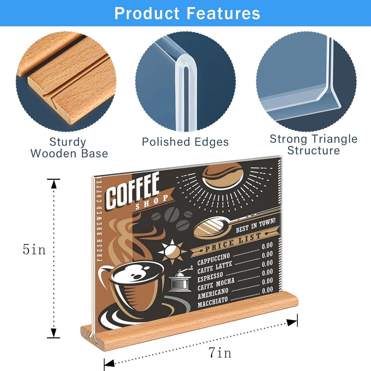 Kersally Acrylic Sign Holder 7 x 5'', 4 Pack Double-Sided Clear Table Display Stands with Wood