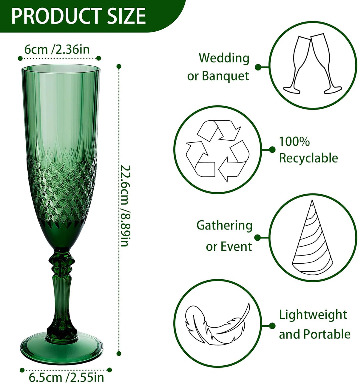 Plastic Champagne Flutes, 48PCS Dark Green Wine Glasses Goblets Cups Reusable Flute, for Christmas