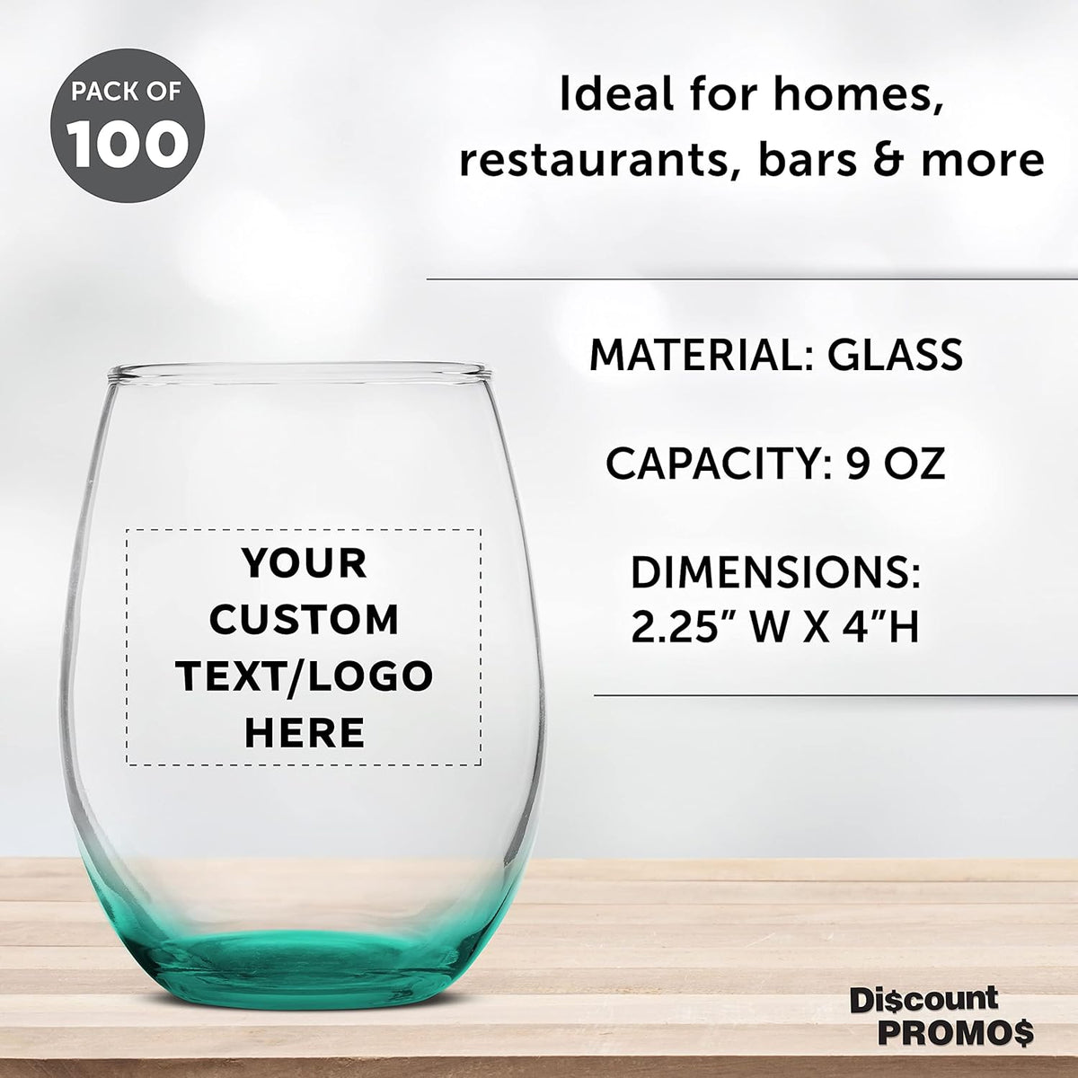Custom Stemless Wine Glass 9 oz. Set of 100, Personalized Bulk Pack - Great for Wedding Favors