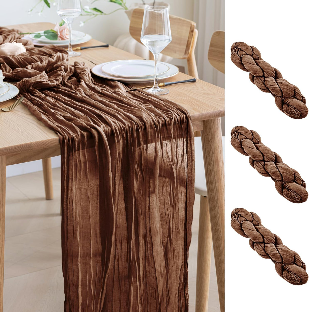 Asee'm 3pcs Cheesecloth Table Runner 120 Inches Long Brown Boho Gauze Cheese Cloth Runner 10FT