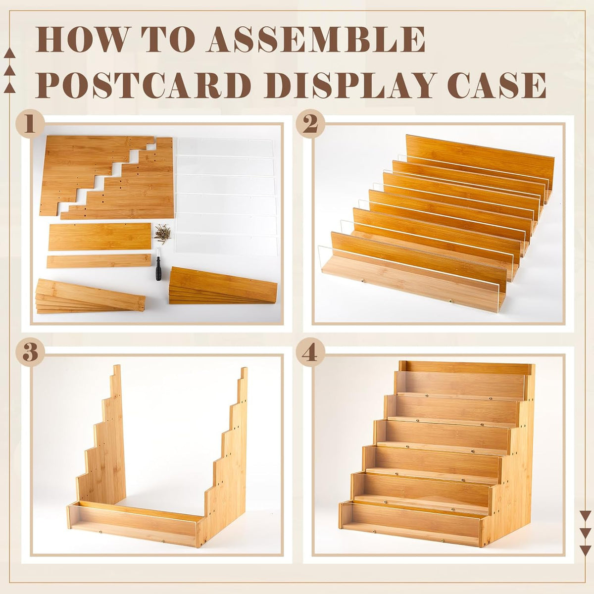 6 Tier Greeting Card Display Stand Wood Color Bamboo and Acrylic Sticker Display Stand Trading Card