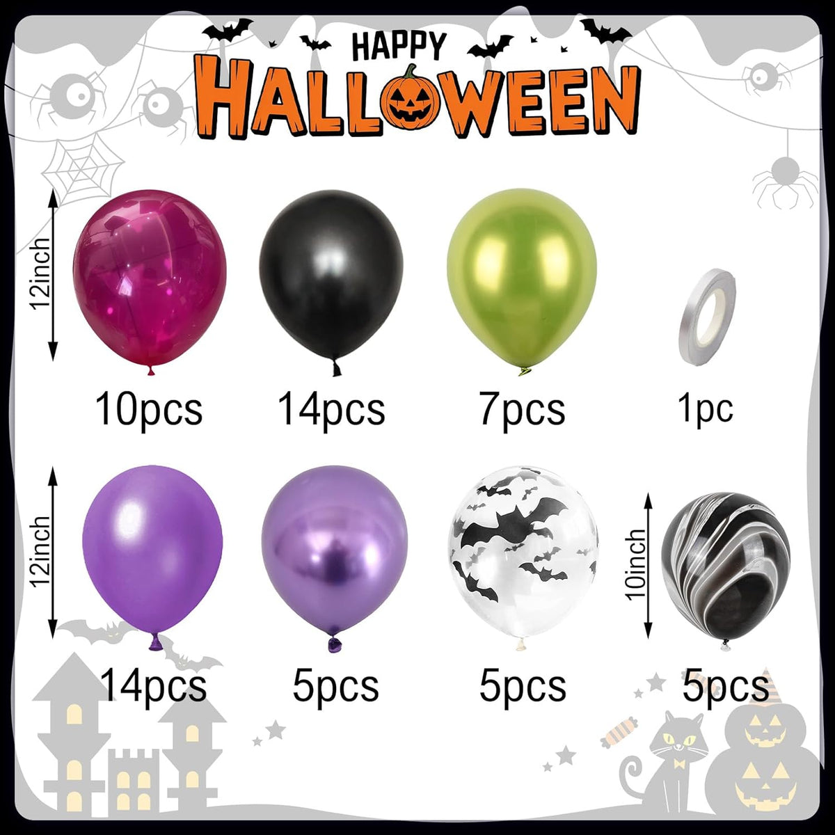 Paready Black Purple Pink Halloween Balloons, 60 Pcs Hot Pink Black Green Party Balloons, Metallic
