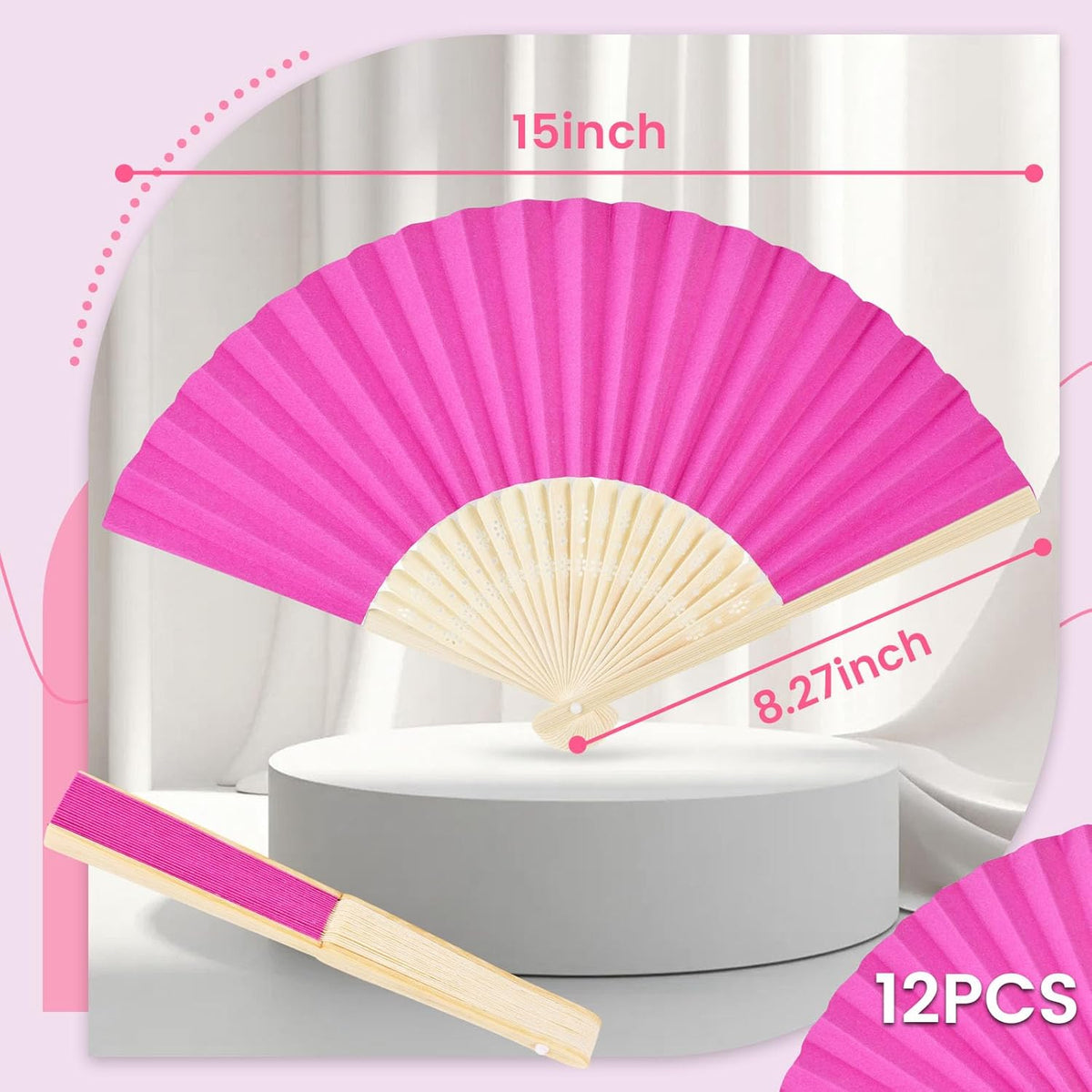 JOHOUSE 12 Pcs Paper Folding Hand Fans, 8.3 Inch Dark Pink Paper Fans Handheld Portable for