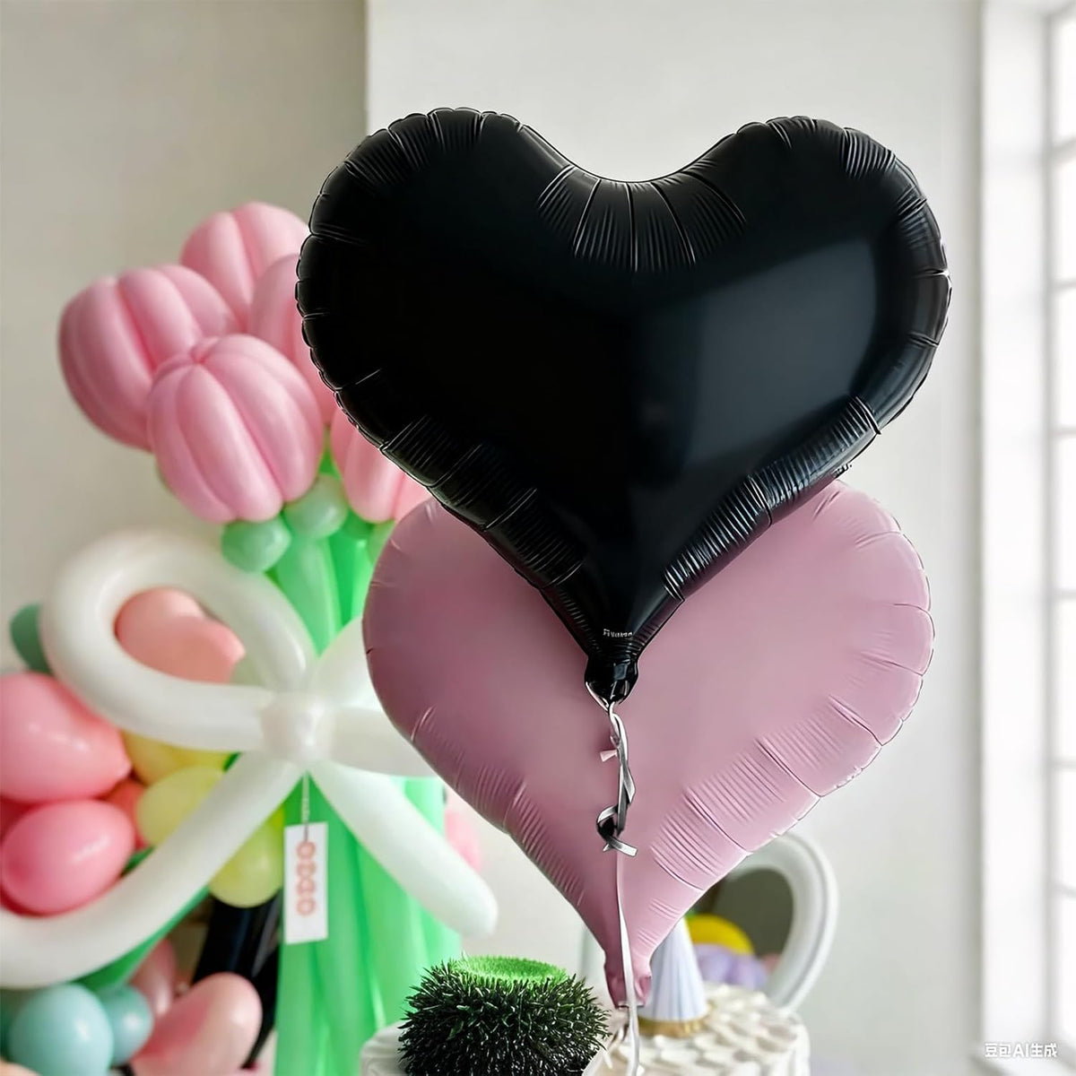 Pink Black Heart Balloons,24Inch Large Pink Black Heart Foil Balloons for Valentine's Day Birthday