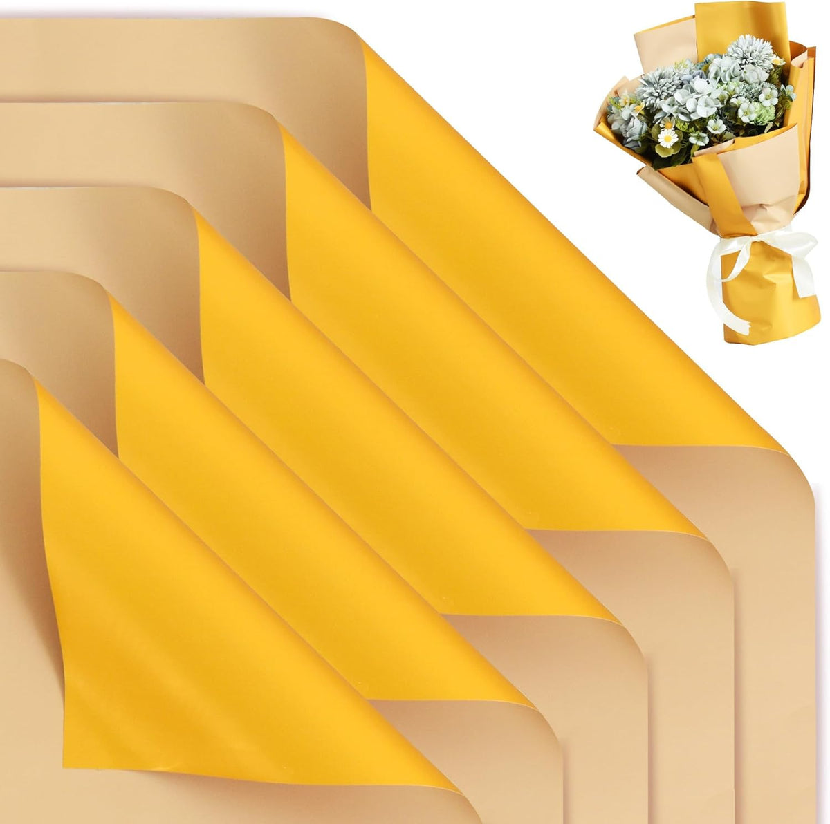 BEISHIDA 20Pcs Gold and Kahki Double Sided Floral Wrapping Paper Matte Waterproof Flower Bouquet