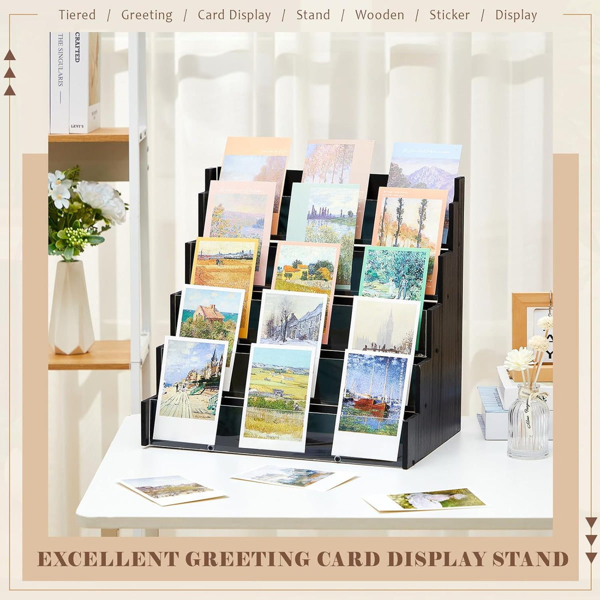 5 Tier Greeting Card Display Stand Black Bamboo and Acrylic Sticker Display Stand Trading Card