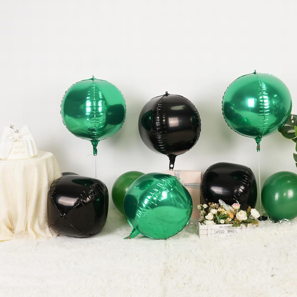 6Pcs Black Green Round Foil Balloons,Giant 4D Round Ball Balloon,22 Inch Metallic Black Green