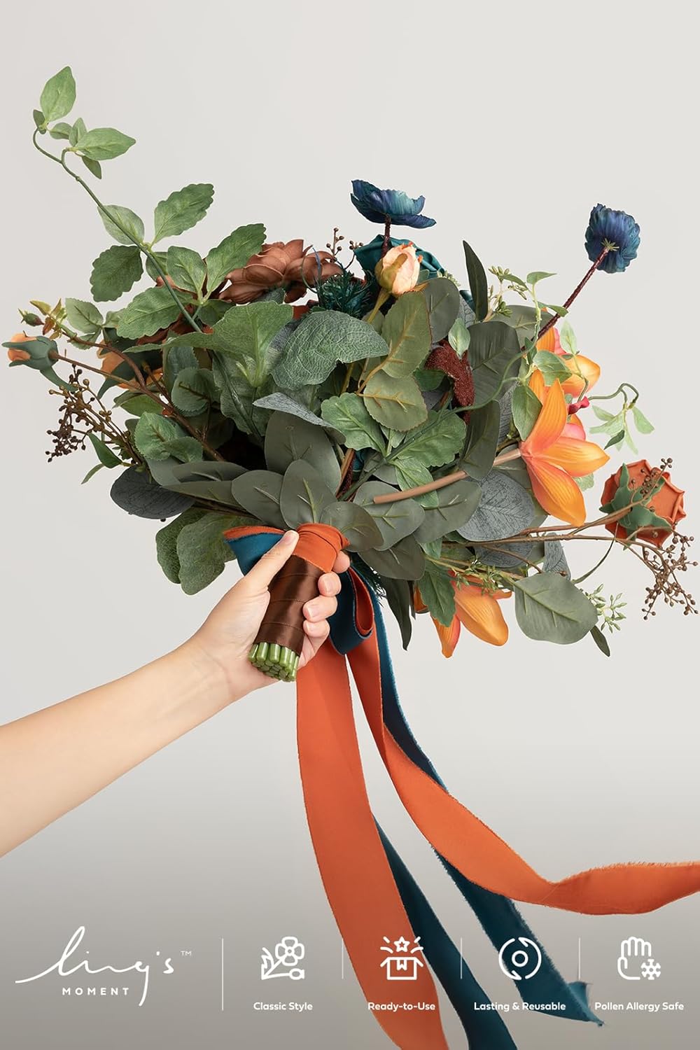 Ling's moment Teal Bridal Bouquet Cascading, Burnt Orange Wedding Bouquets for Bride, 13 Inch