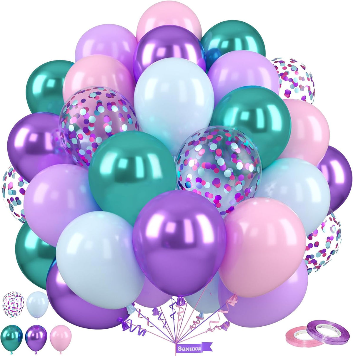 Mermaid Balloons, 12 Inch Pastel Purple and Teal Balloons, Pink Metallic Teal Purple Confetti