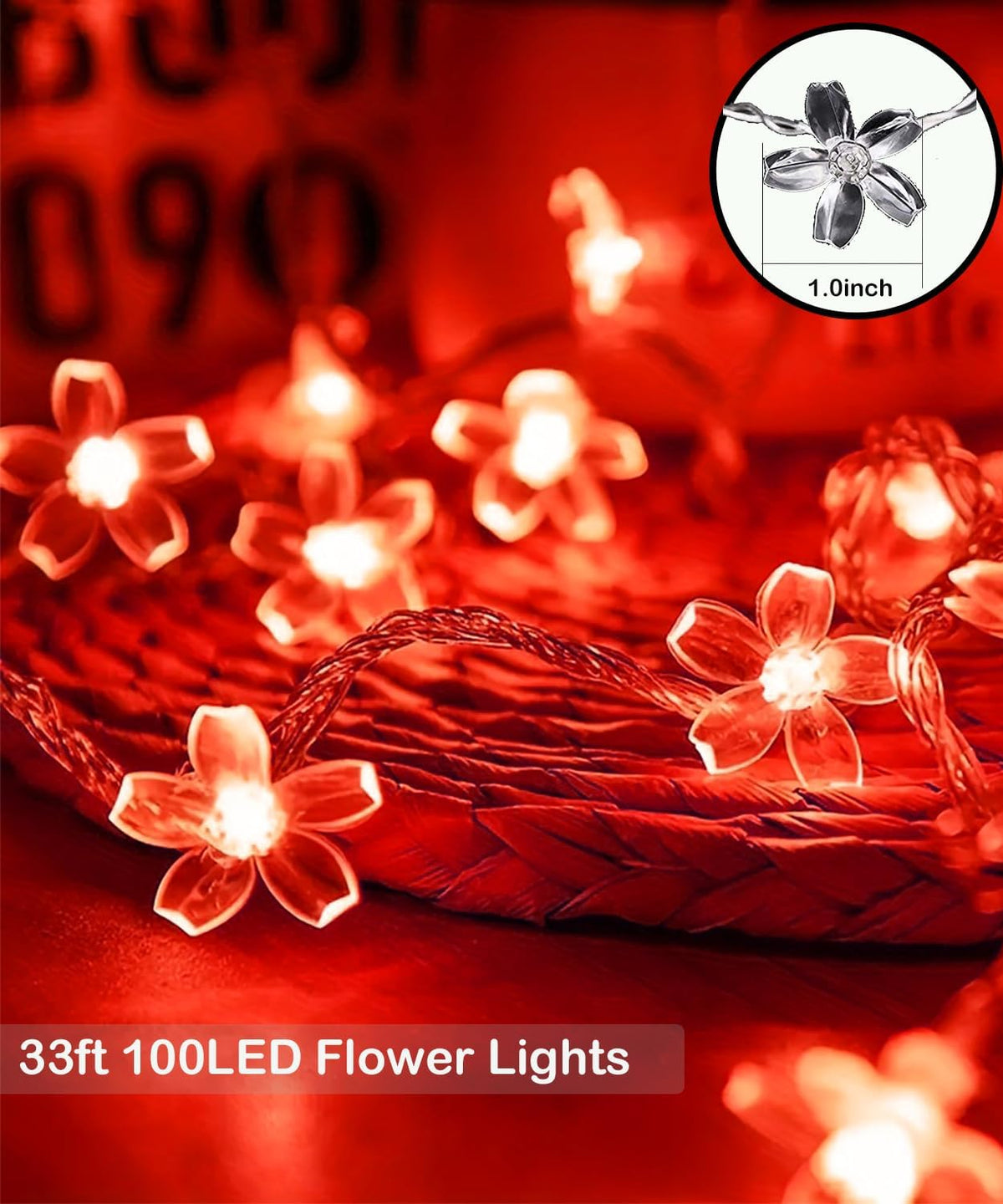 Cherry Blossom Flower String Lights, 100 led 33 feet 8 Mode Plug in Fairy Lights for Valentine's