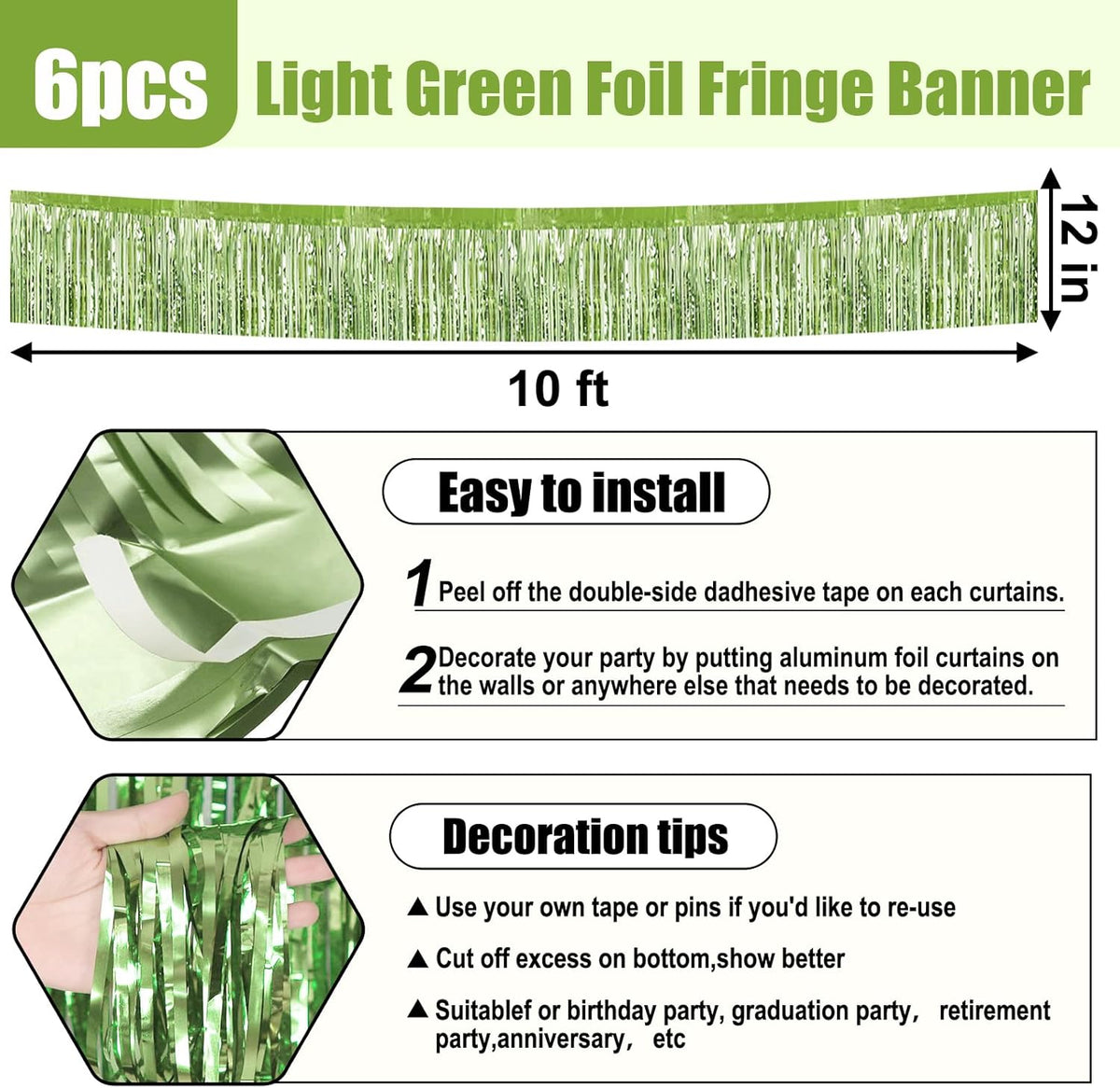 6 Pack 10 Feet Light Green Foil Fringe Garland Metallic Tinsel Streamers Banner Wall Hanging