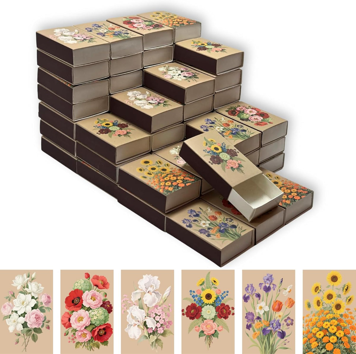 60pcs Flower Match Boxes, 2.25x1.42x0.59in Bulk Fall Spring Floral DIY Light Brown Storage