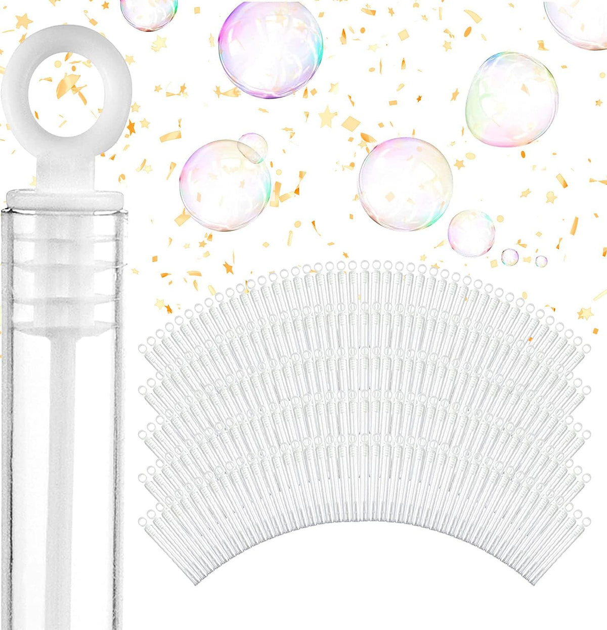 Wedding Bubbles Bulk - White Circle Top Wands (100 Count) Individual Mini Bubble Wand Favors for