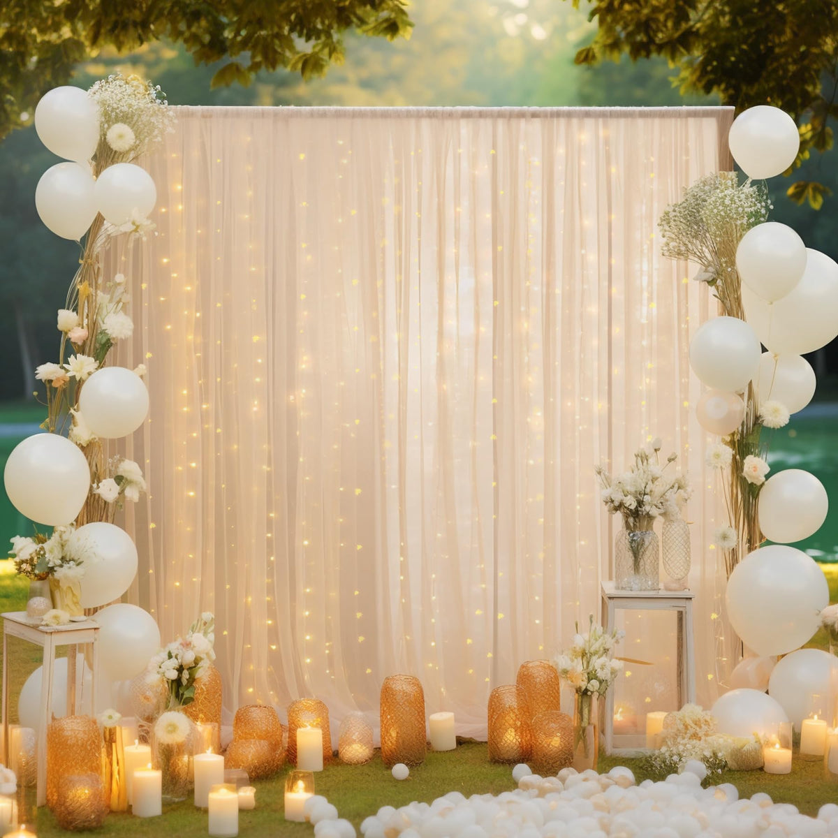 10x10ft Champagne Tulle Backdrop Curtain with Lights String for Parites, Sheer Backdrop Curtains