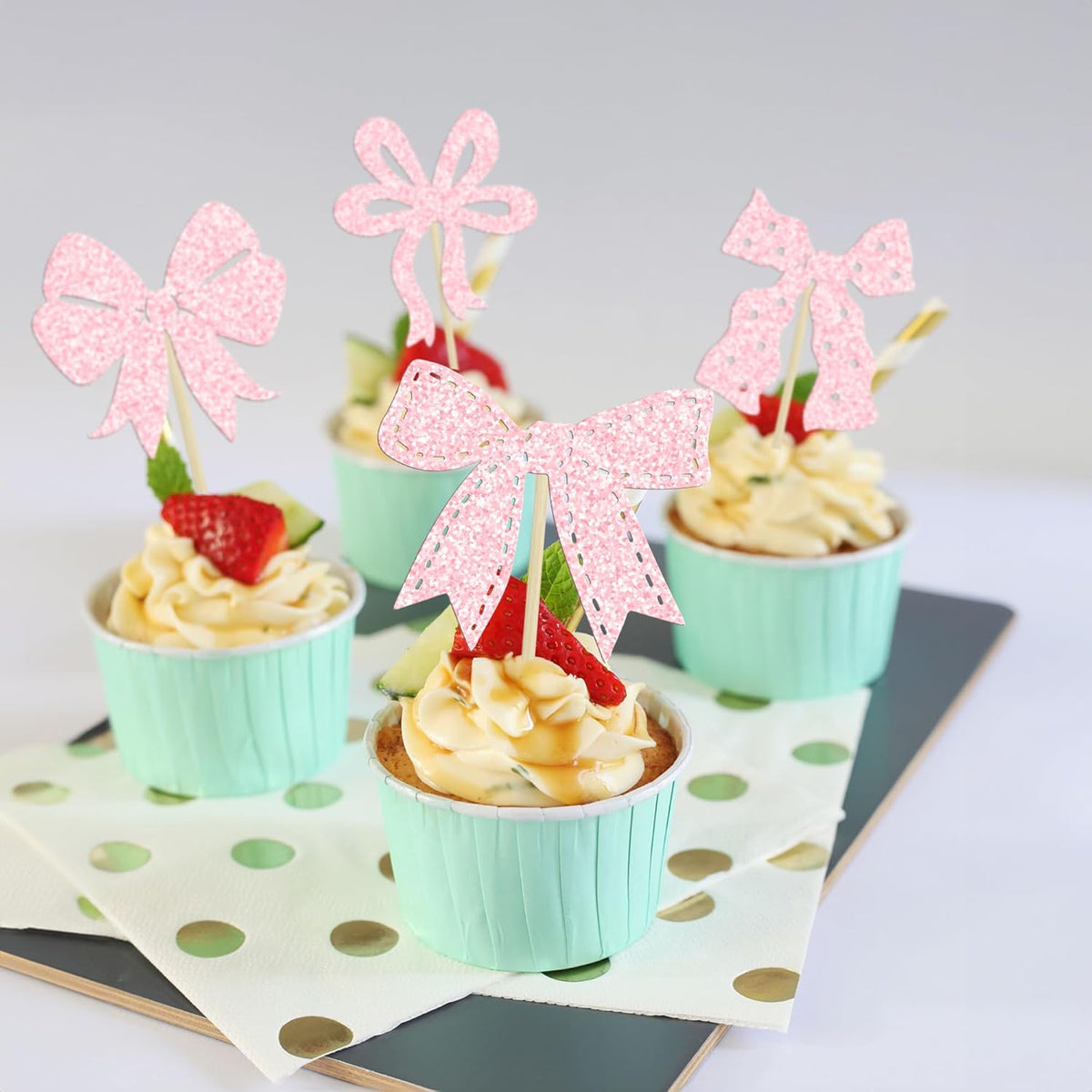 Ephlyn 24Pcs Light Pink Bow Cupcake Toppers - Bowknot Cupcake Decorations for Bridal, Baby Shower
