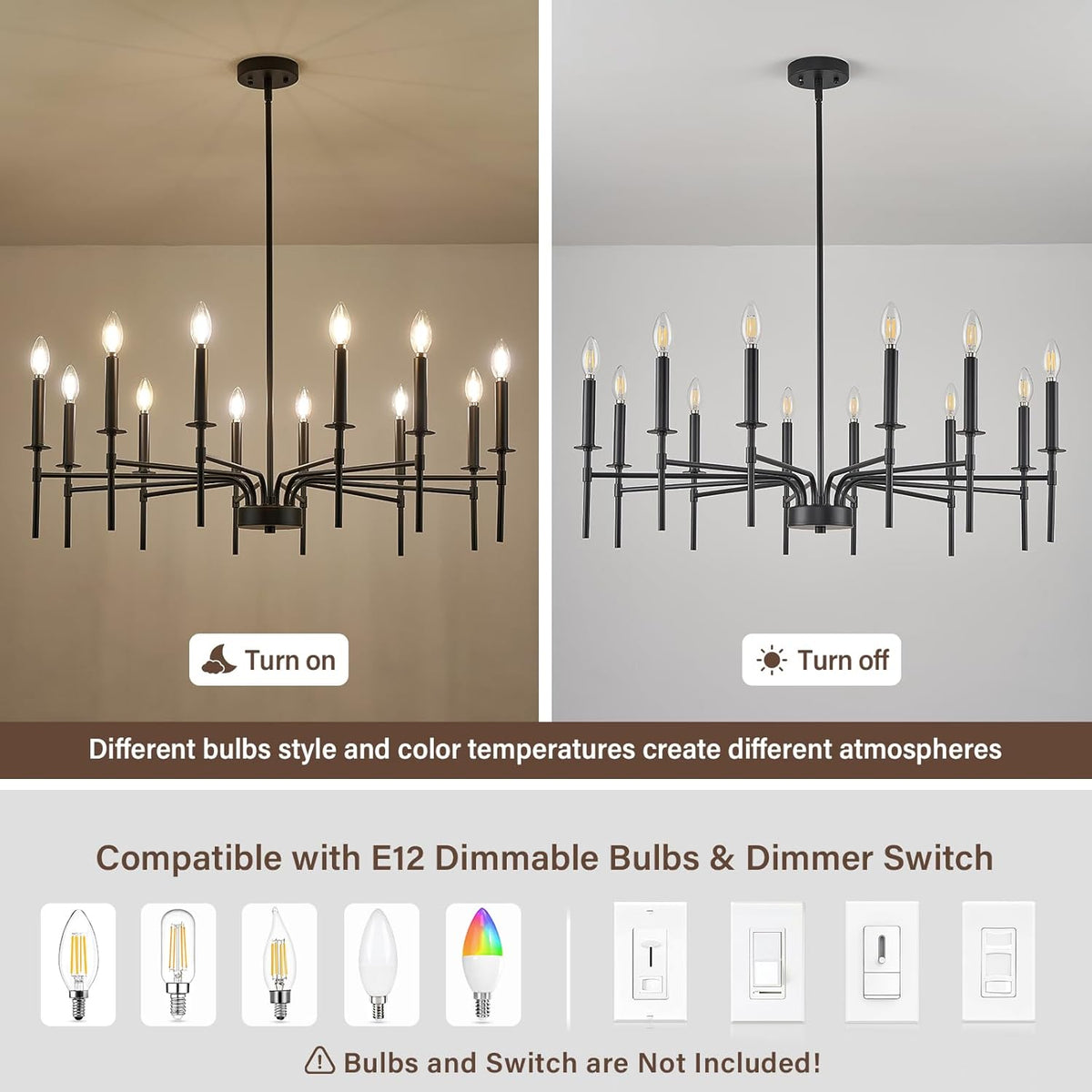 12 Light Black Chandelier Light Fixture, Modern Farmhouse Chandeliers for Dining Room Light