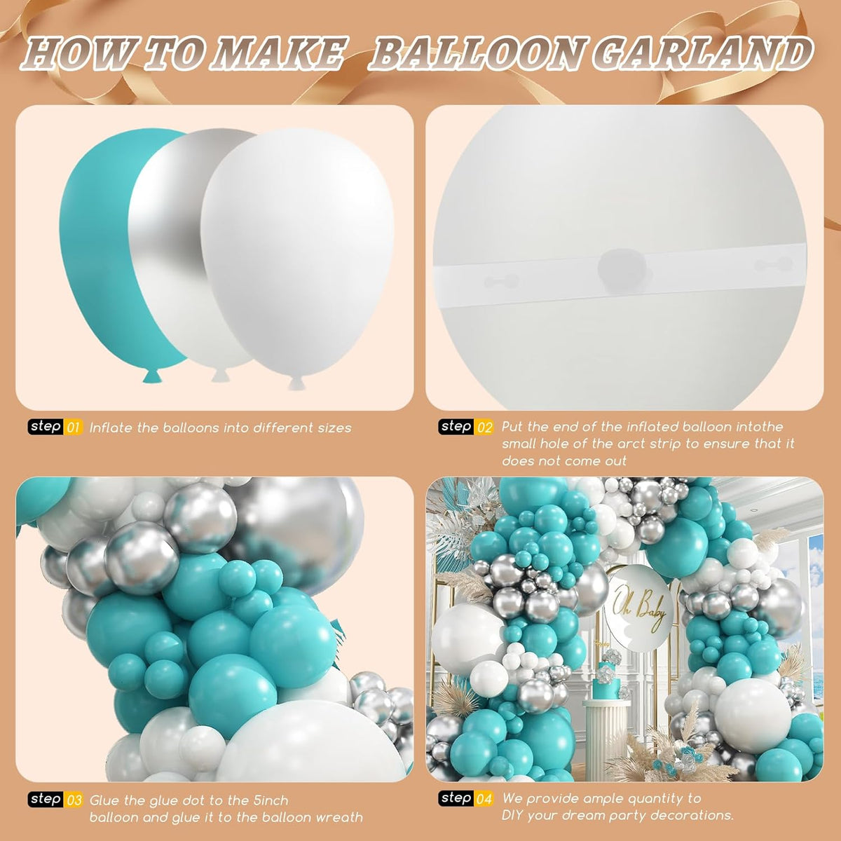 412Pcs Teal Silver White Balloon Garland Arch Kit, 18 12 10 5 Inch Different Size White Metallic