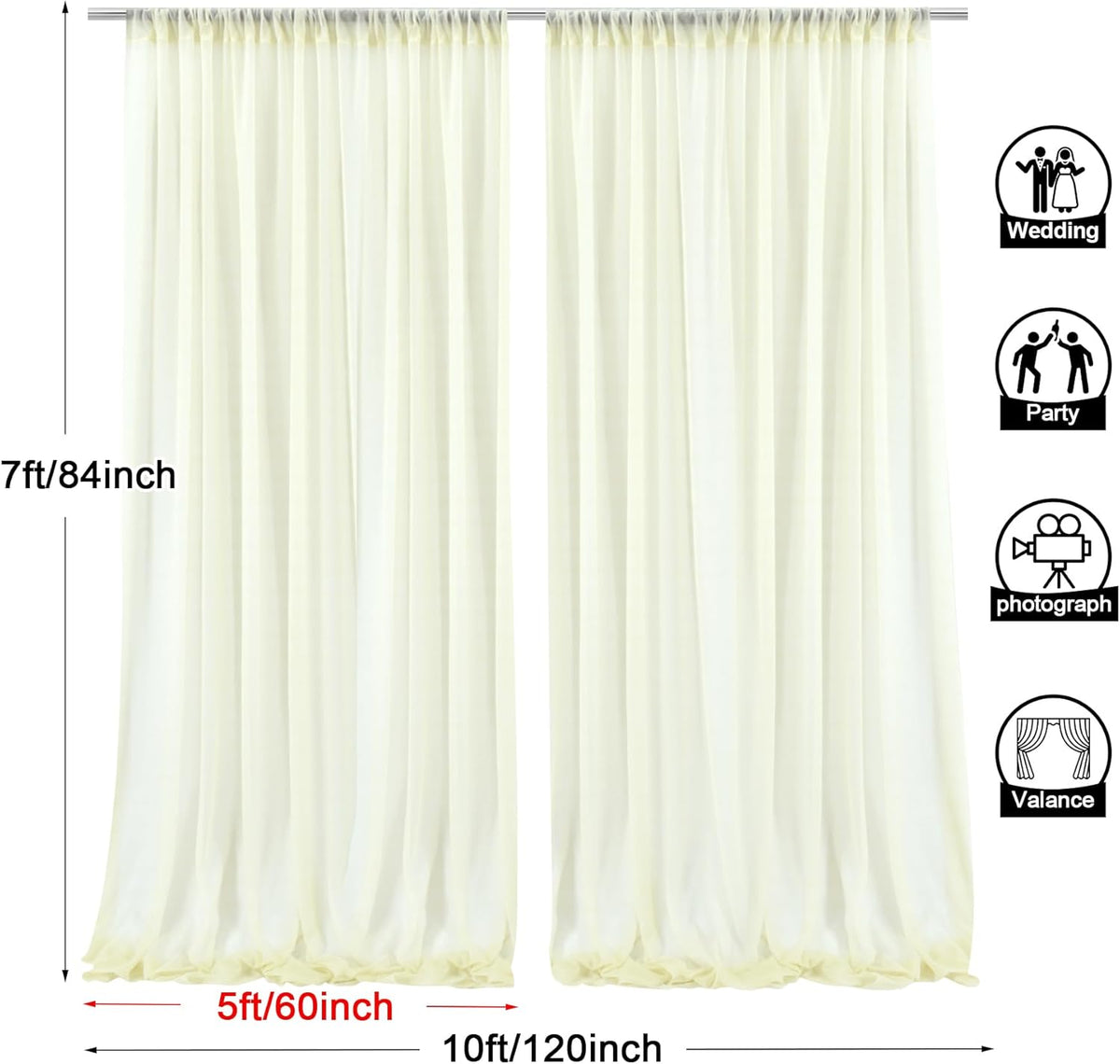 PARTISKY 10ftx7ft Ivory Chiffon Backdrop Curtains, Wrinkle-Free Sheer Fabric Photo Drapes for