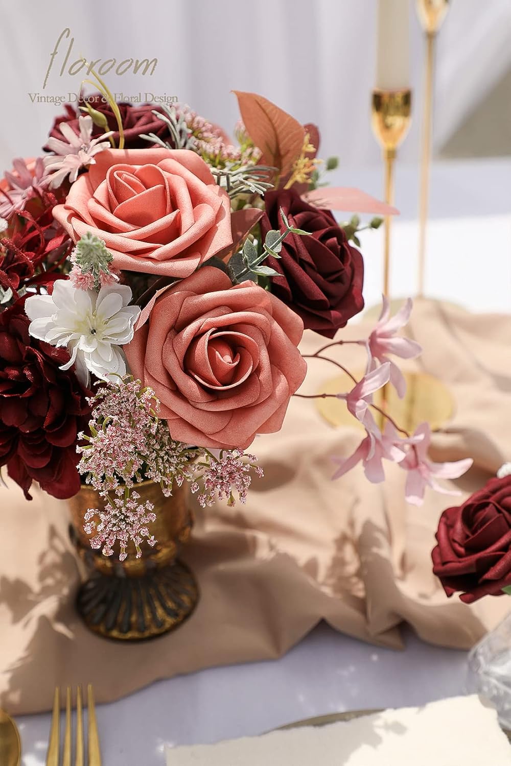 Floroom Artificial Flowers 25pcs Real Looking Burgundy & Pinky Cedar Foam Fake Roses with Stems for