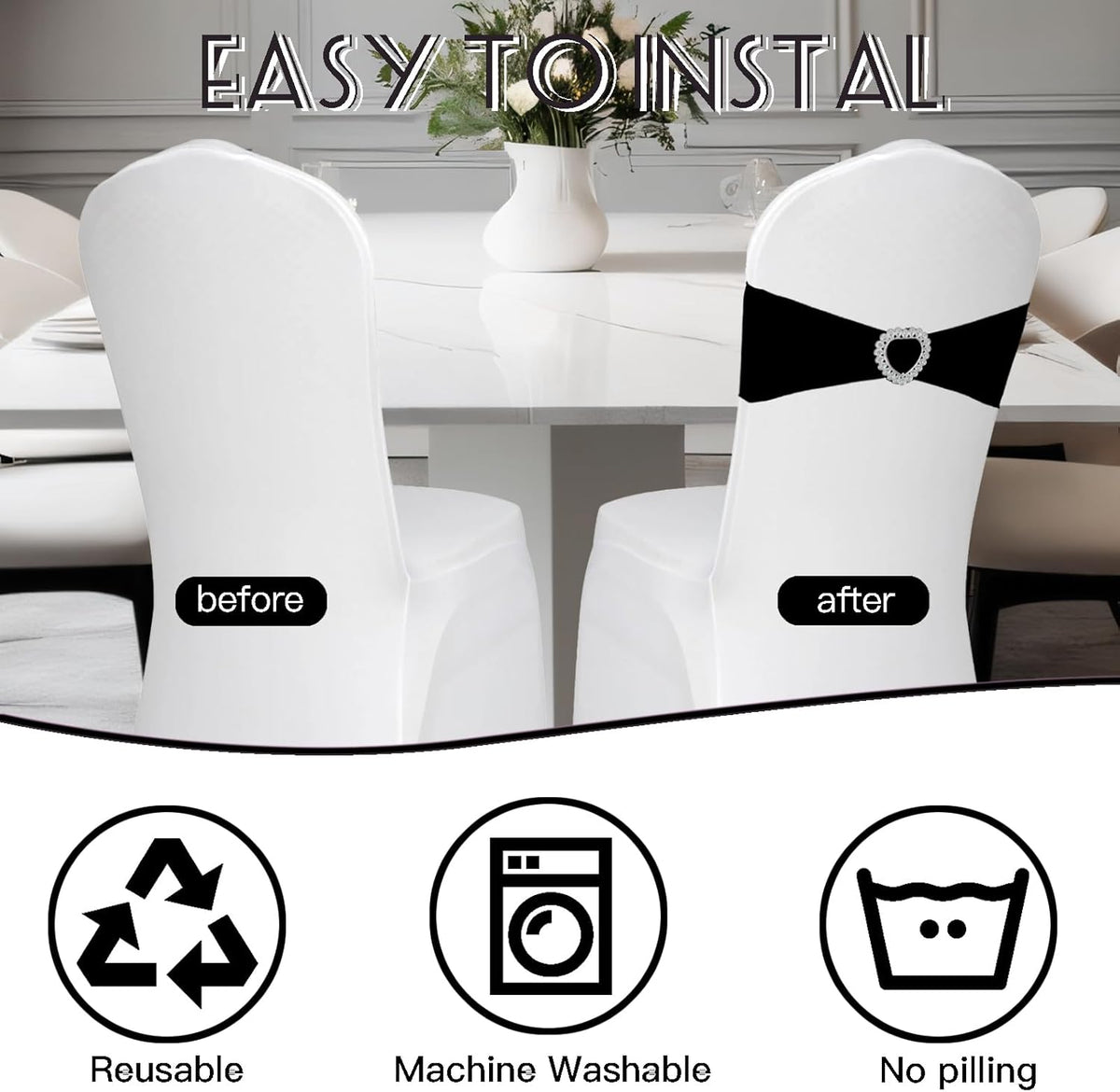 100PCS Spandex Stretch Black Chair Sashes Bows Universal Elastic Chair Cover Bands Ties with Buckle