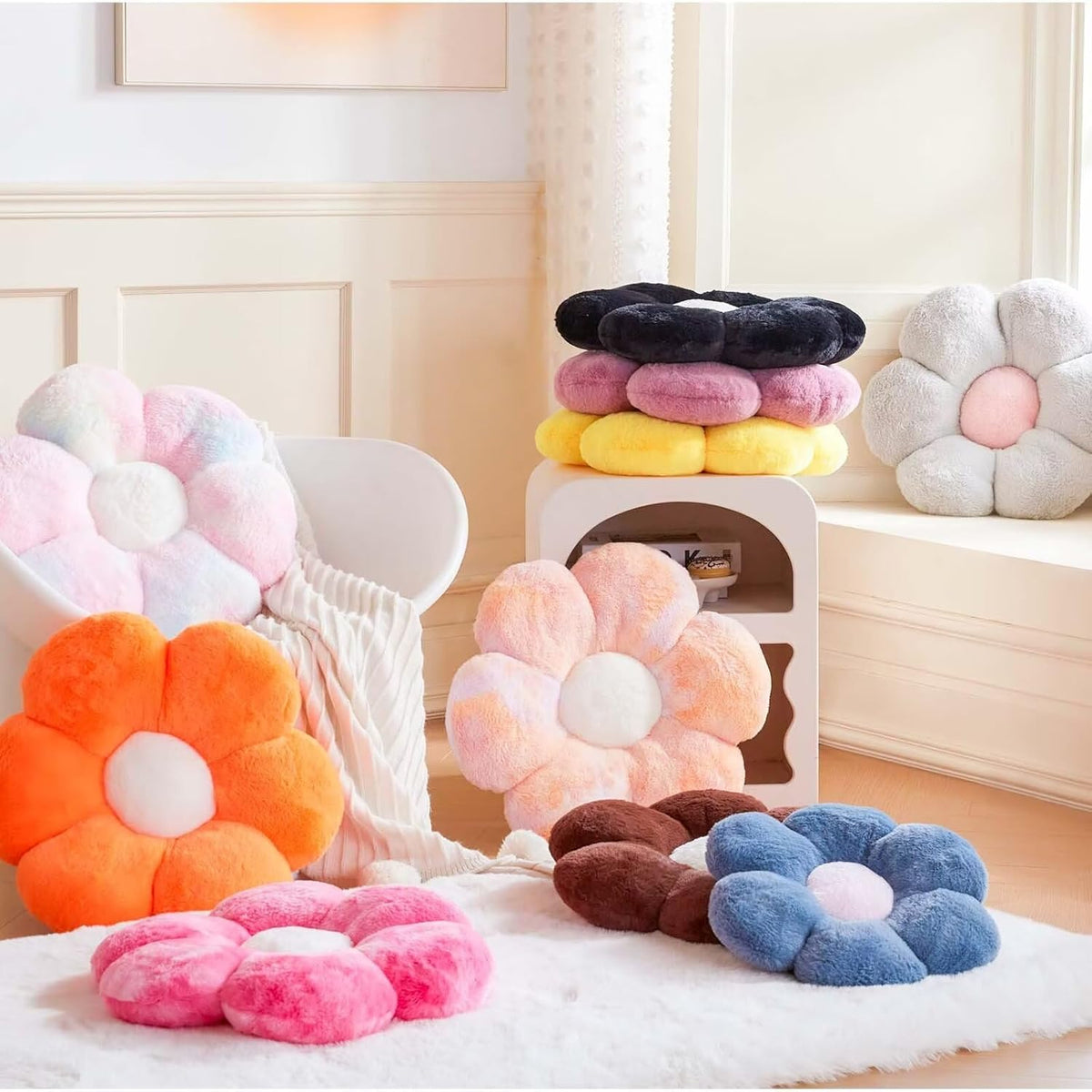 Cute Decorative Orange Flower Shaped Throw Pillow with Faux Rabbit Fur, Soft Plush Pillow, 14.9"