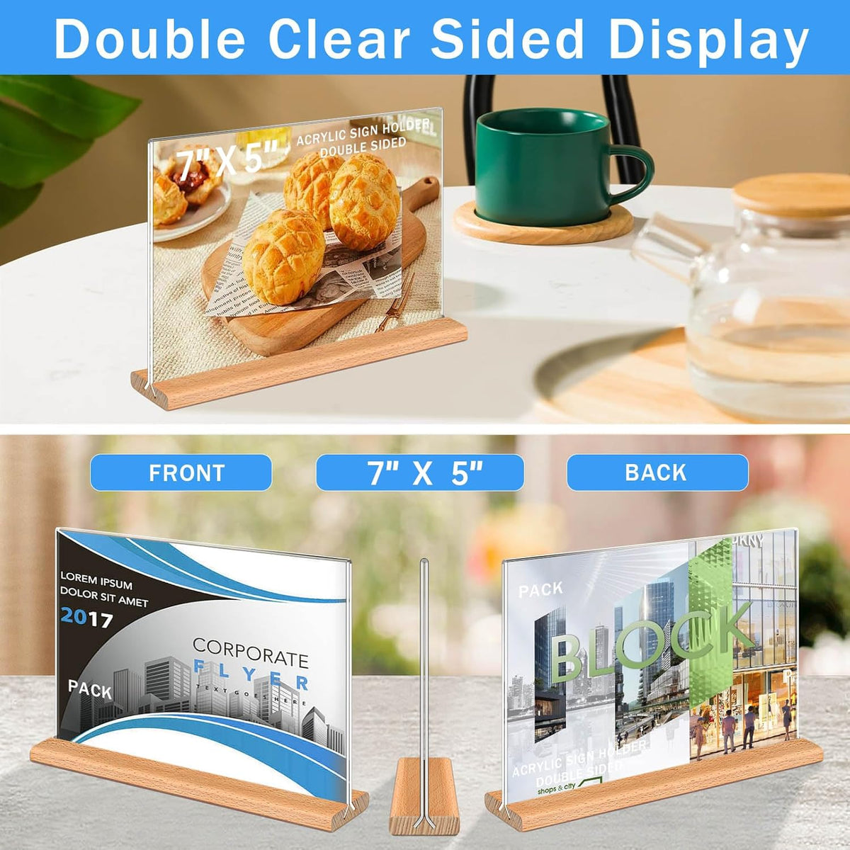 Kersally Acrylic Sign Holder 7 x 5'',6 Pack Double-Sided Clear Table Display Stands with Wood