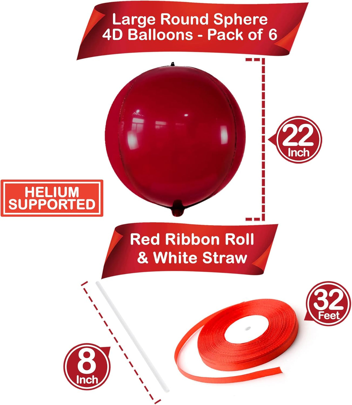 KatchOn, Big Metallic Red Balloons - Large 22 Inch, Pack of 6 | 2025 Graduation Decorations | Round