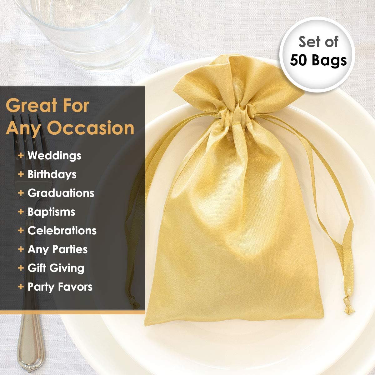 3" x 4" Gold Satin Gift Bags, Jewelry Bags, Wedding Favor Silky Drawstring Baby Shower Christmas 50