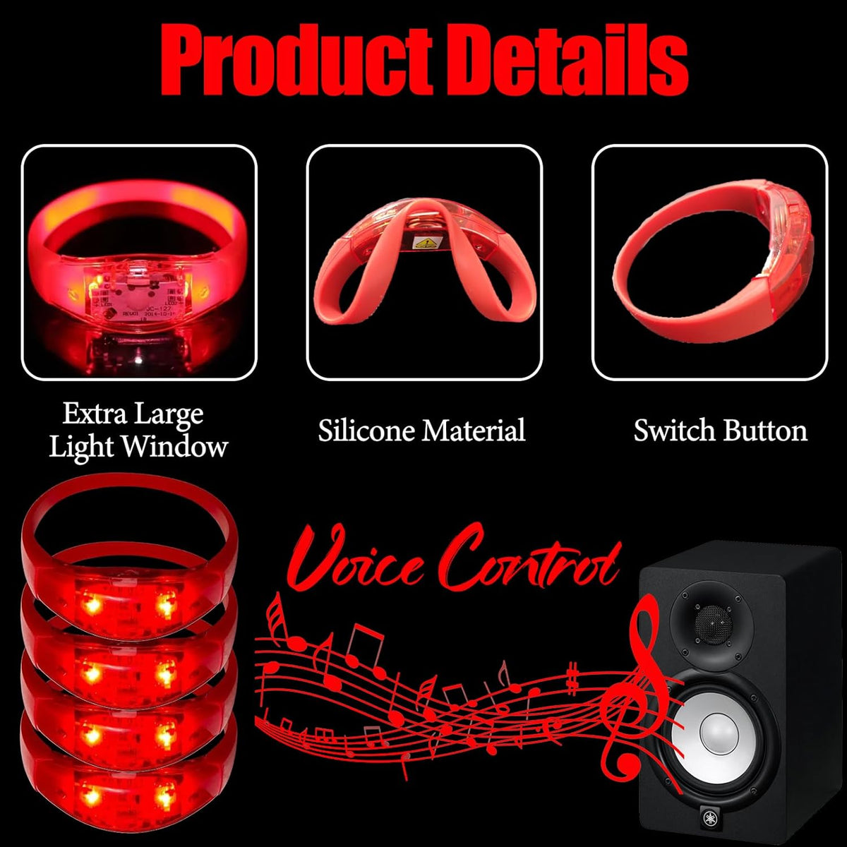 100 Pcs LED Bracelets Sound Activated with Flashing LED Strobe Music Control Light Up Bracelets for