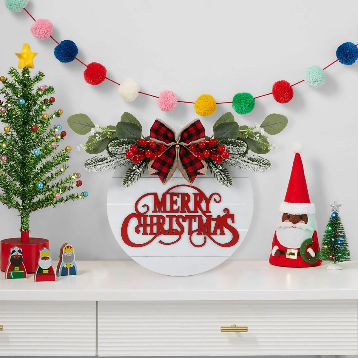 CHDITB Cute Merry Christmas Wooden Front Door Wreath(11.4”x11.4”), Farmhouse 3D Christmas Decor