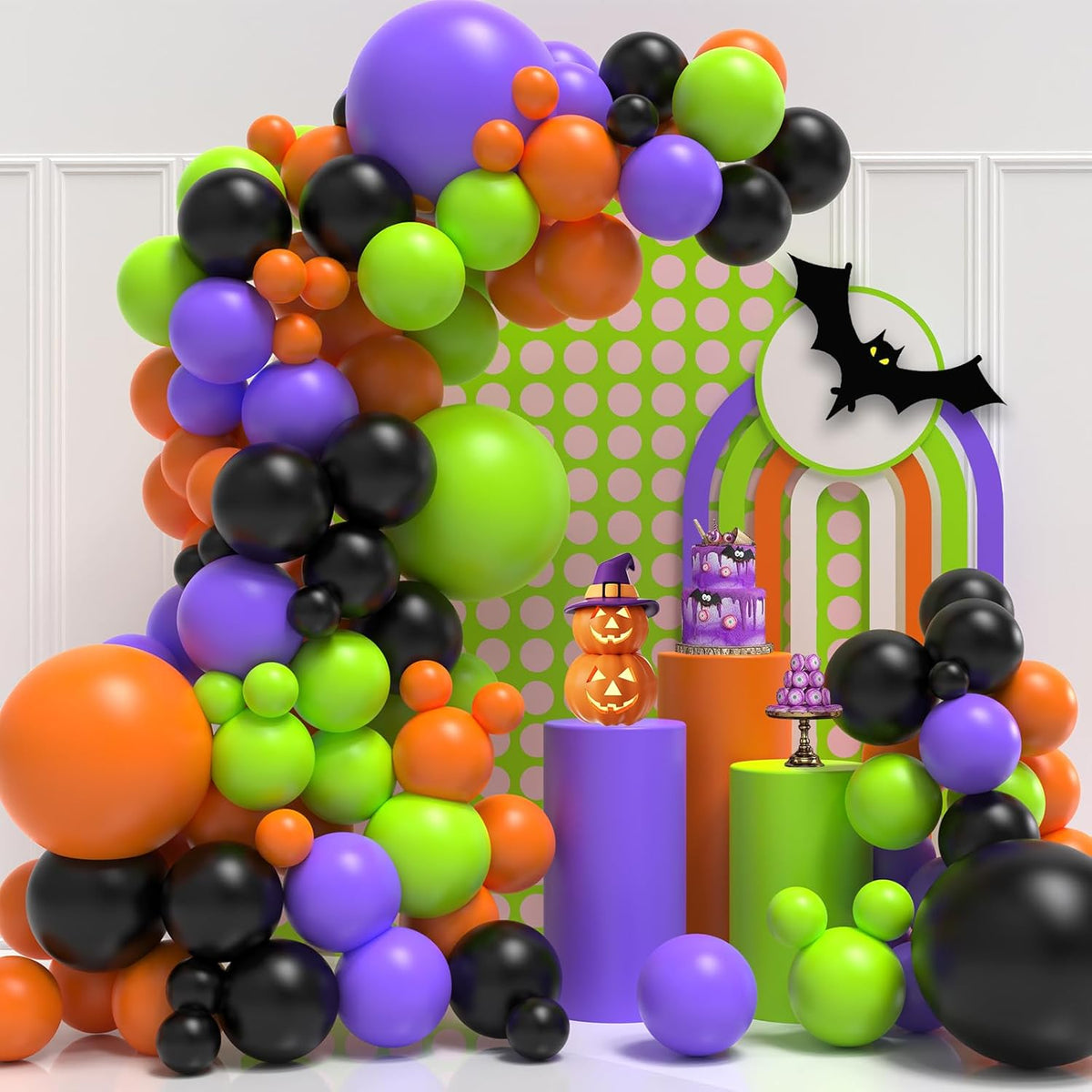 Halloween Balloon Arch Garland Kit, 124pcs Black Purple Orange Green Latex Balloons Arch for