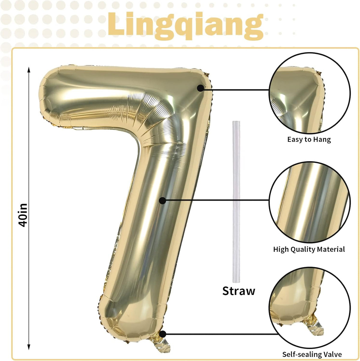 40'' Champagne Gold Number 7 Balloon, Self Inflating Foil Number Balloons Set 0-9, Light Gold