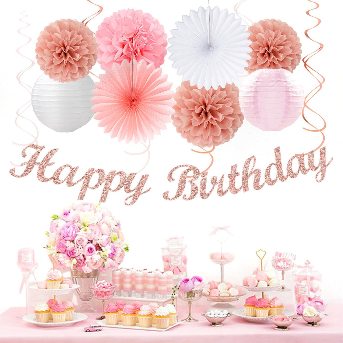 Rose-Gold Pink-White Happy Birthday Party-Decorations - 31pcs Sweet First 16 18th 21st Women Girls