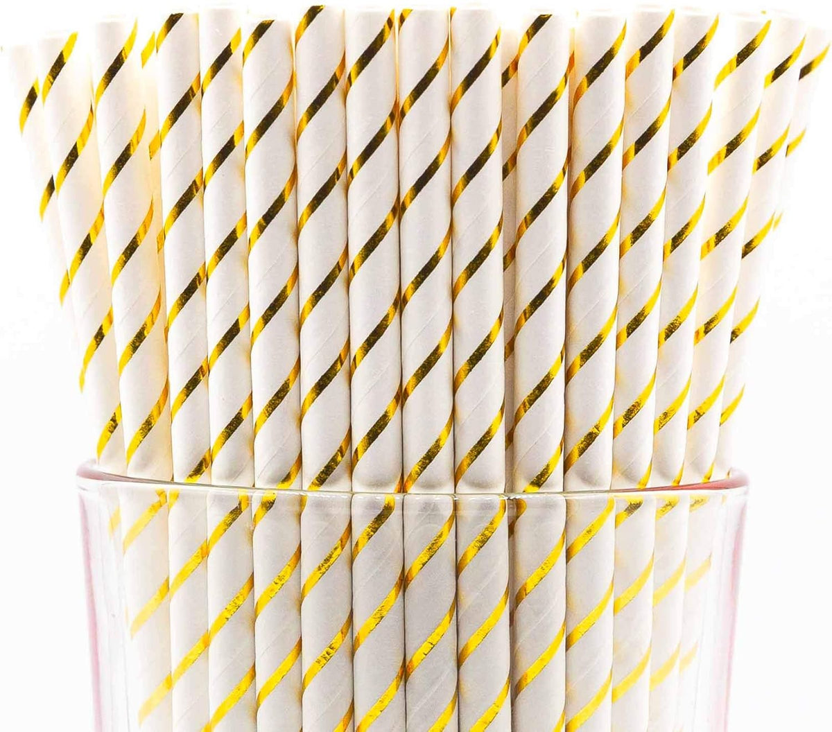 Pack of 300 Gold Foil Stripes Biodegradable 4-Ply Paper Drinking Straws (Compostable, Non-toxic