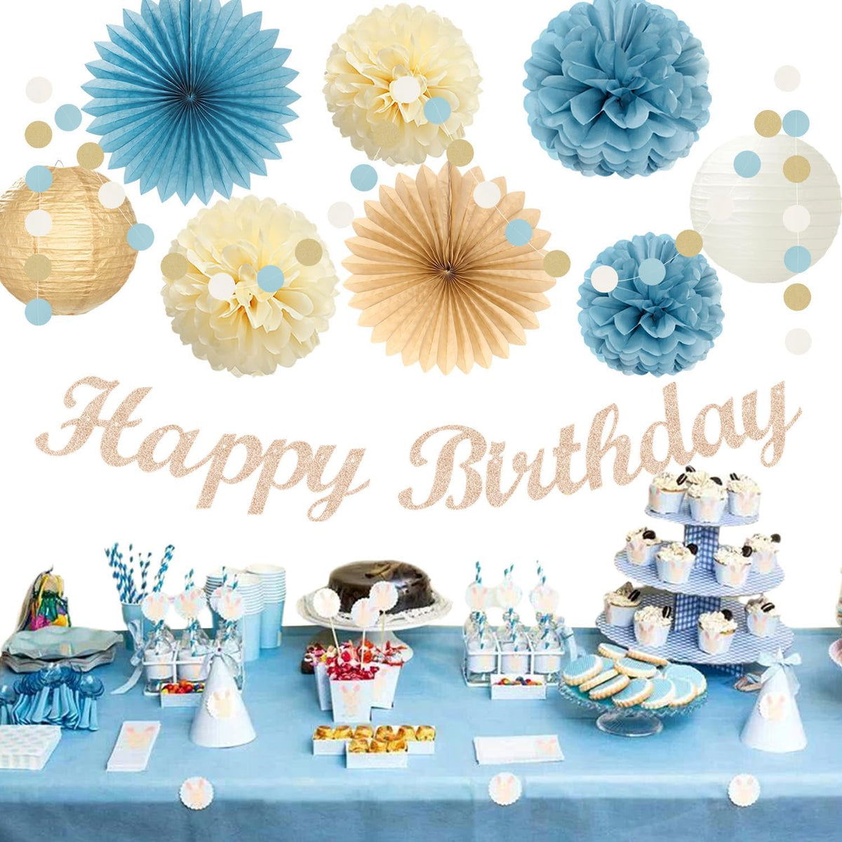 Light-Dusty Blue 18th Happy-Birthday Party-Decorations - 31pcs Women Girls Paper Lanterns Streamers