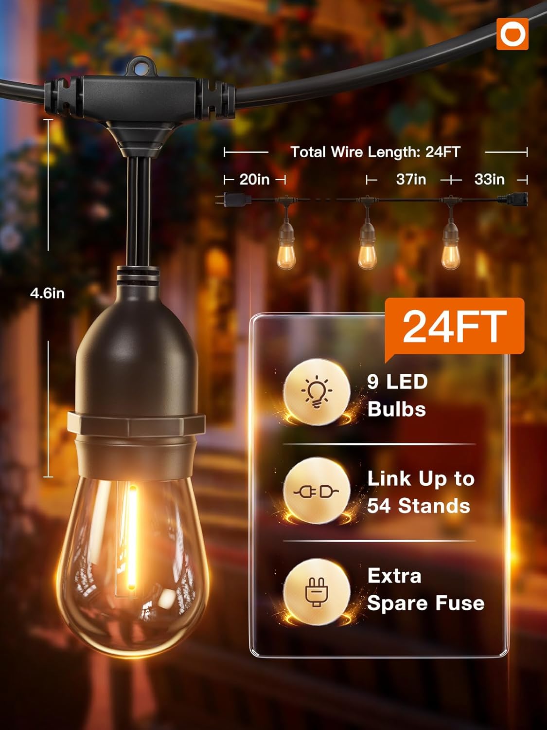 addlon LED Outdoor String Lights 24FT with Edison Vintage Shatterproof Bulbs and Commercial Grade