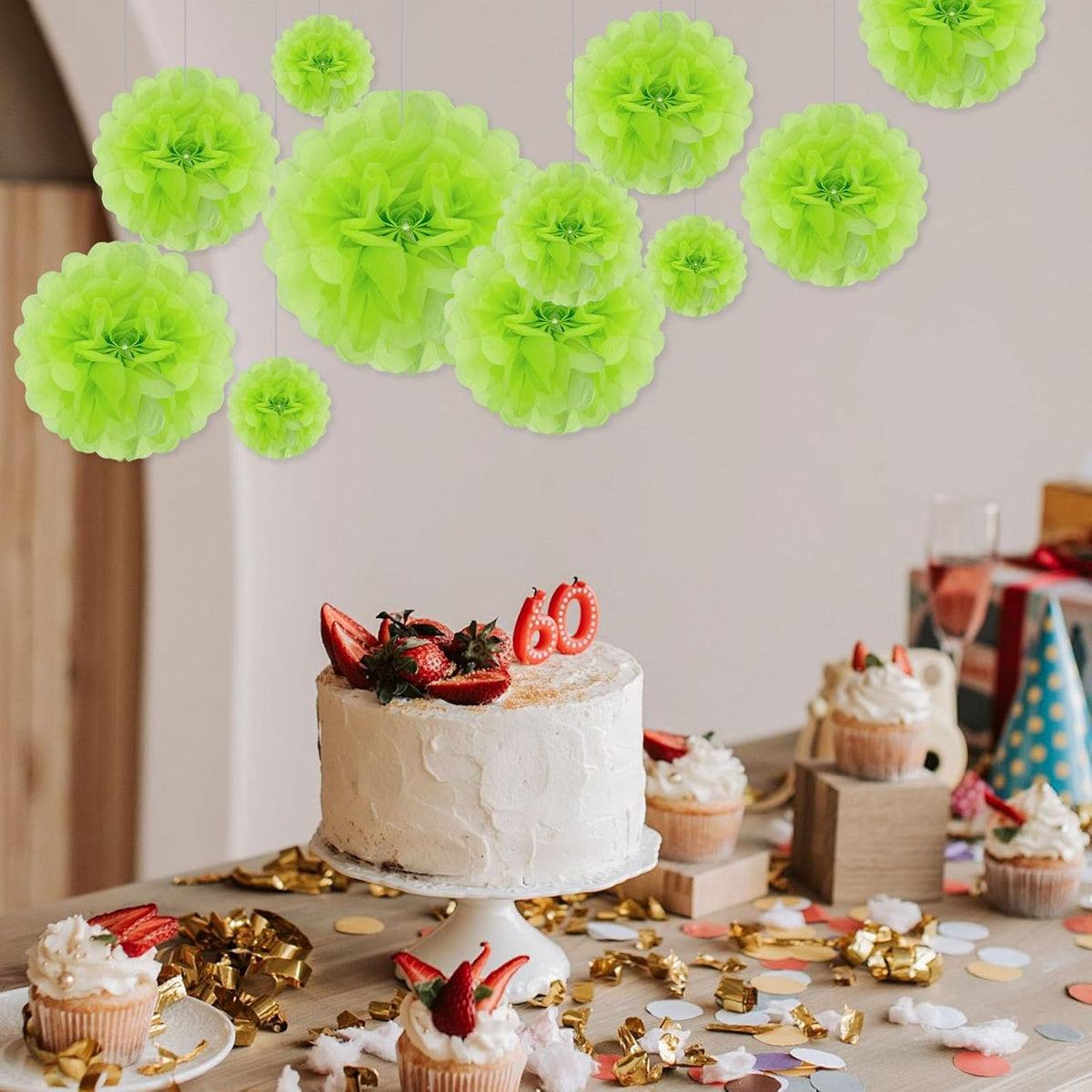 Tissue Paper Pom Poms, Bright Green Tissue Paper Flowers, Hanging Flower Balls for Weddings Fiesta