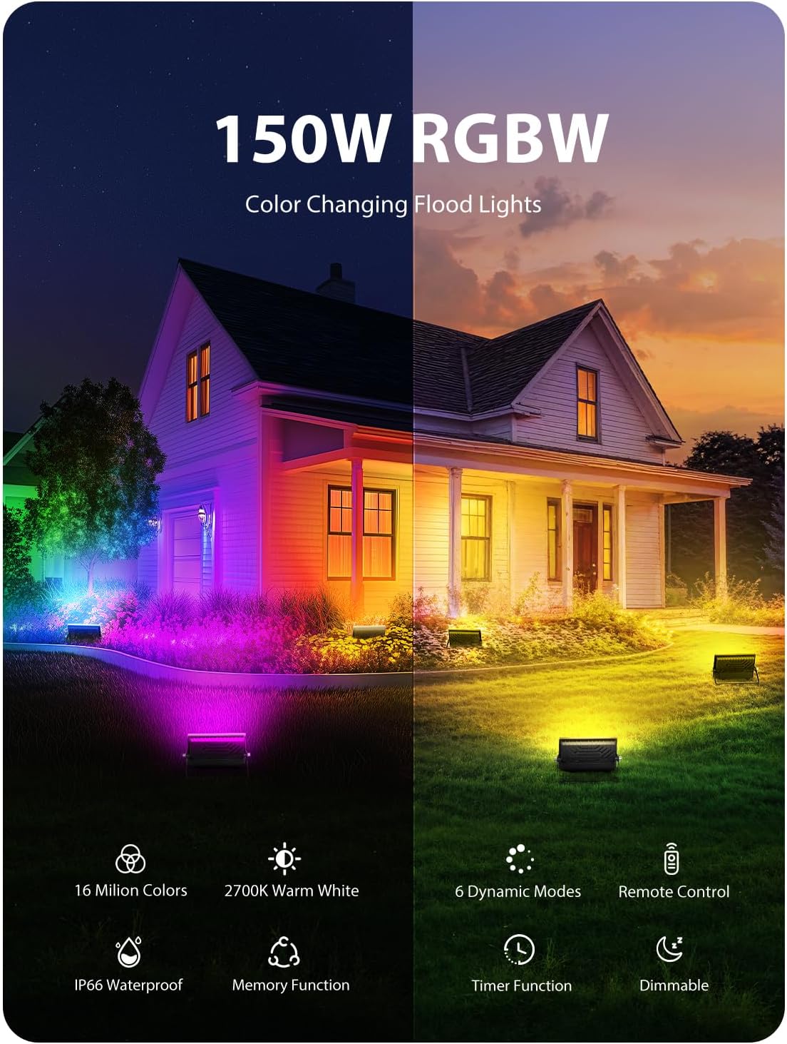 Onforu LED Flood Light Outdoor 1000W Equivalent, 150W Color Changing RGBW Floodlight with Remote