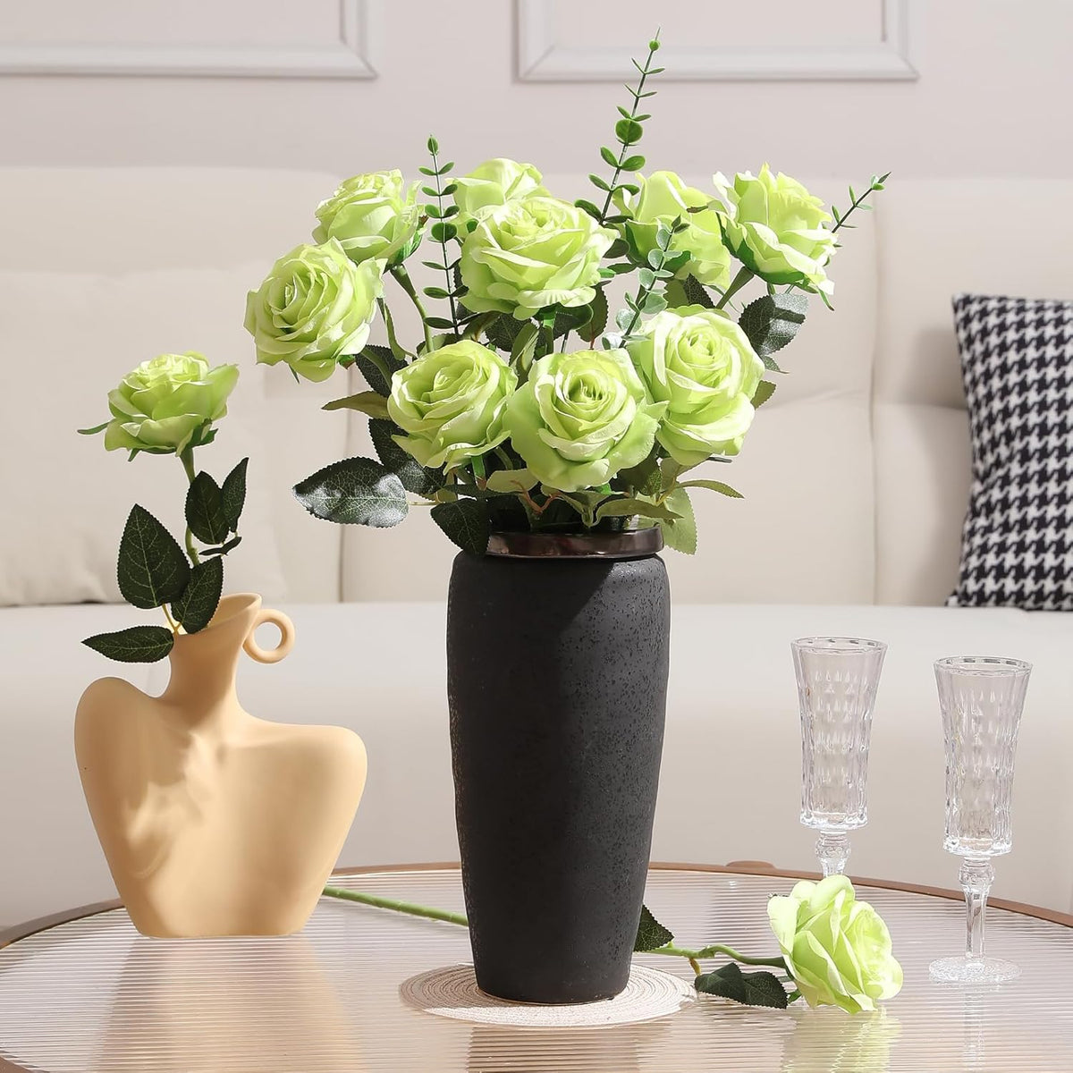 Tifuly Green Roses Artificial Flowers -12Pcs Realistic Single Long Stem Fake Silk Roses Bouquet for