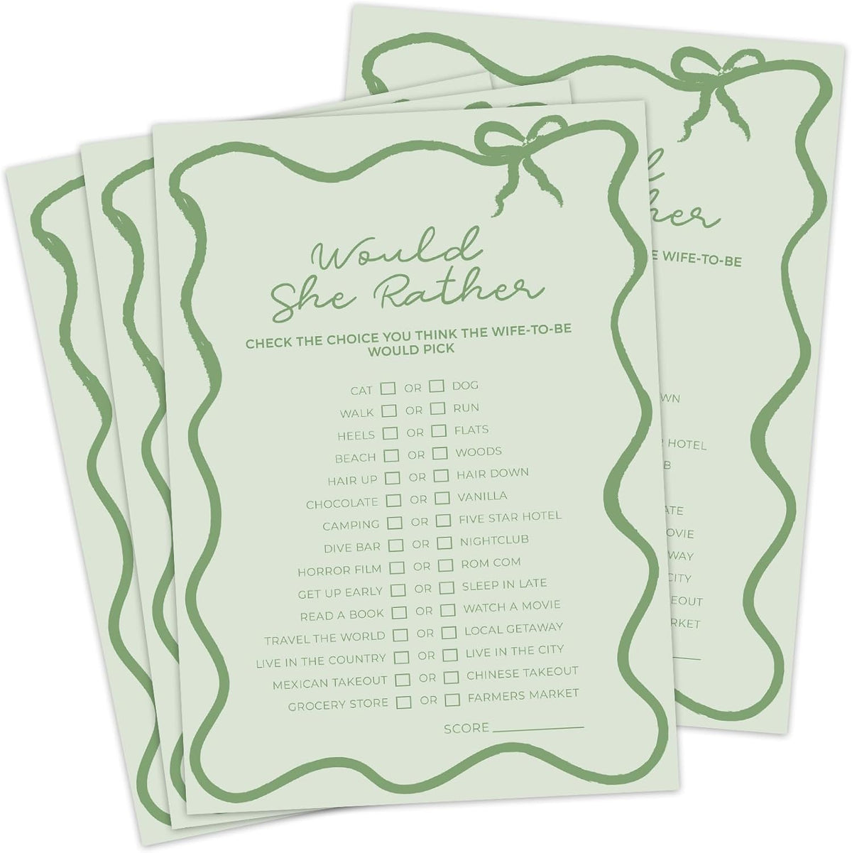 DEEKA 30 PCS Bridal Shower Games Card for 30 Guests Sage Green Wavy Border Ribbon Bow Funny Wedding