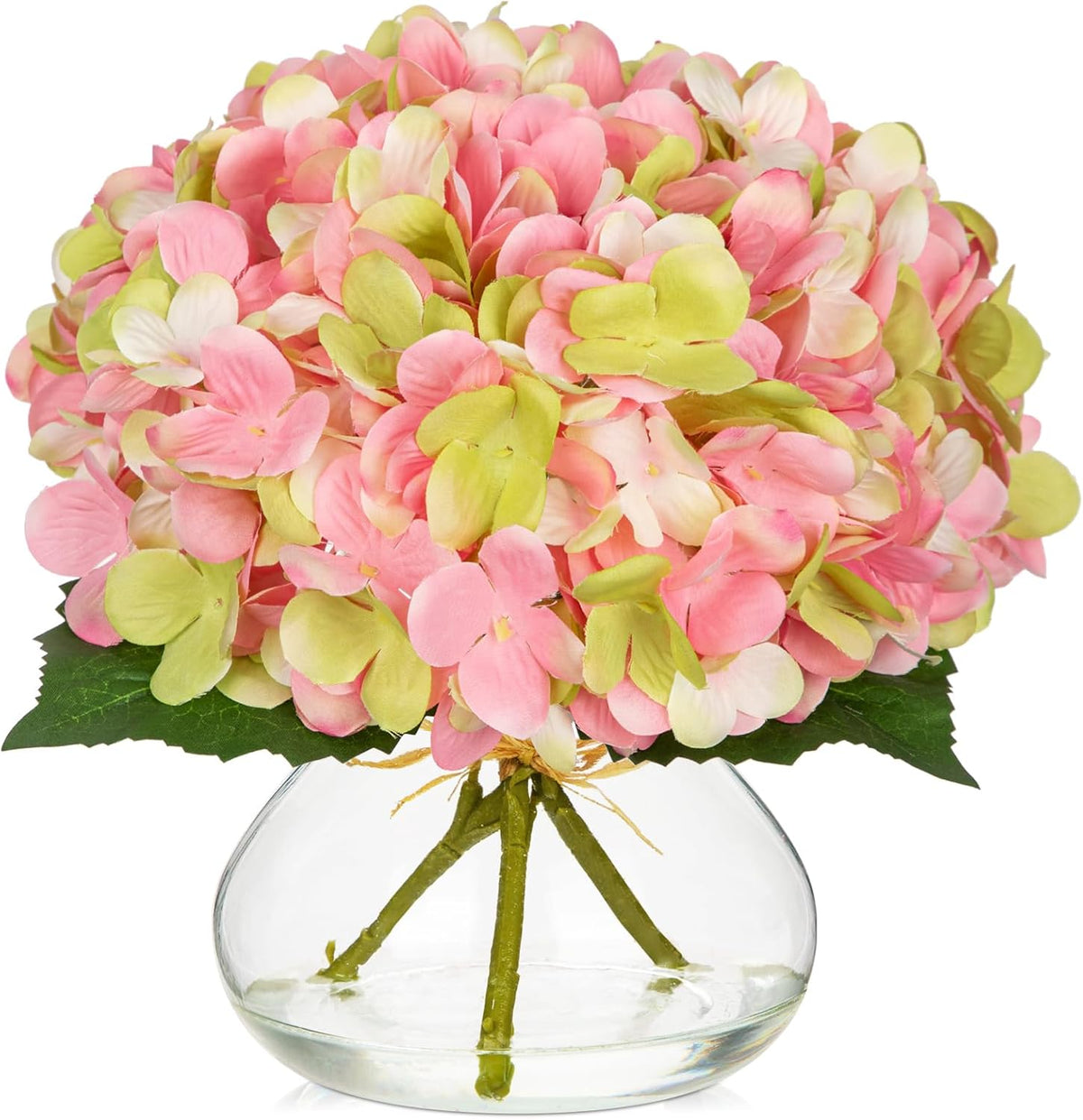 Hollyone Hydrangea Artificial Flowers with Glass Vase Pink-Green Silk Faux Flowers Arrangements in