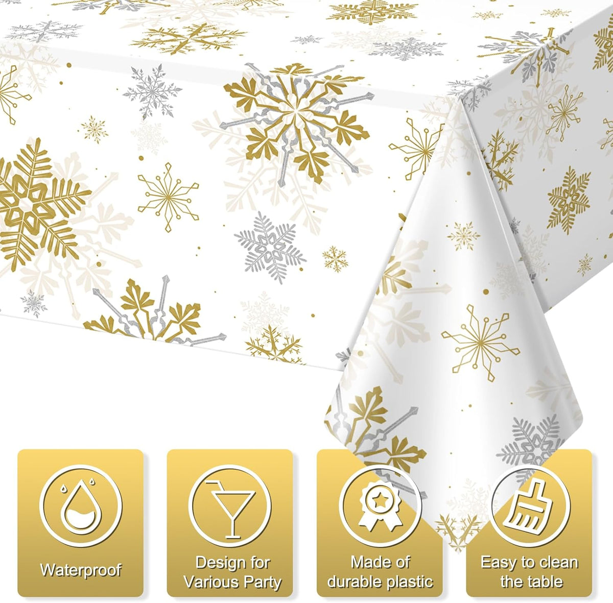 6Pcs Christmas Snowflake Party Tablecloths Decorations,Plastic White and Gold Table Cloth,Winter