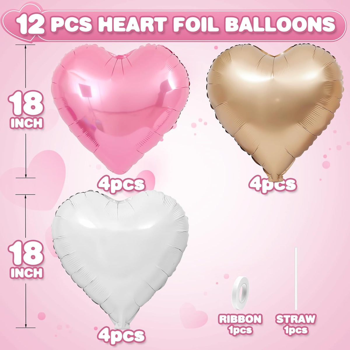 Pink White Heart Balloons,12Pcs Rose Gold Heart Shaped Foil Balloons,18Inch White Rose Gold Helium