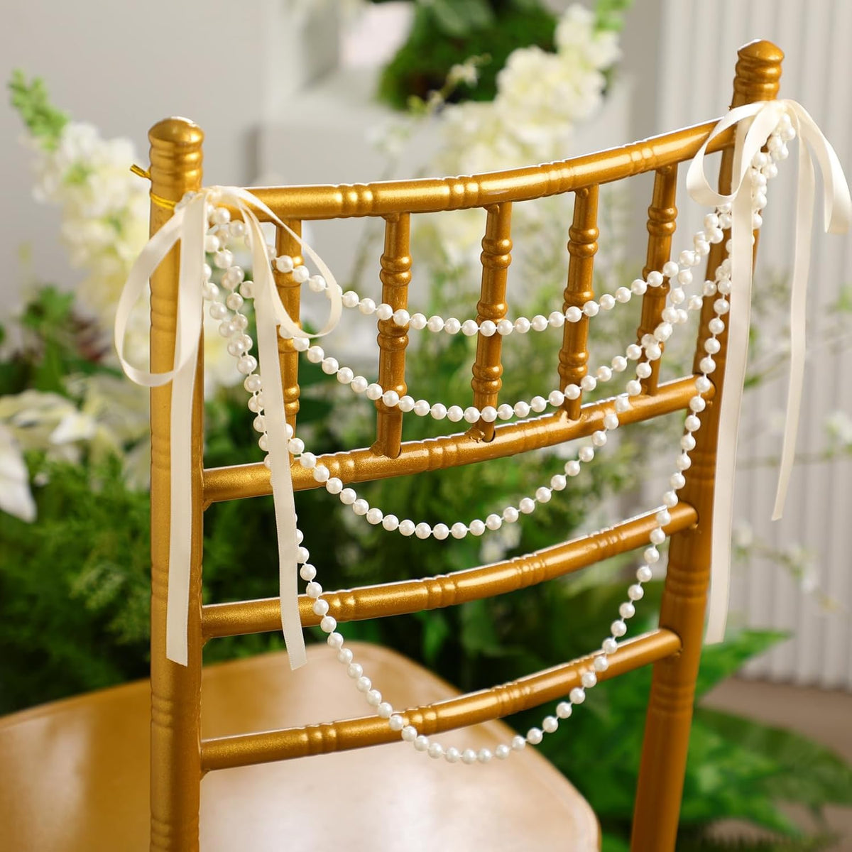 32 Pcs Wedding Pearl Bow Chair Decor Satin Ribbon Bows with Pearl Beaded String Garland Aisle Chair