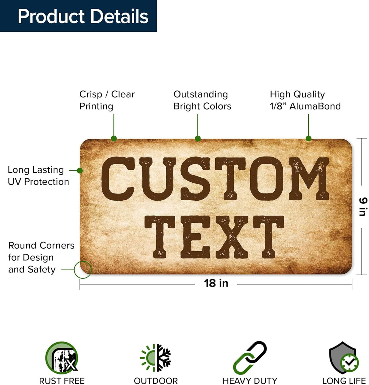 Custom Sign, Custom Street Sign, 11 Font Colors, 13 Font Styles, 4 Hole Options, 22 Sizes, 9x18