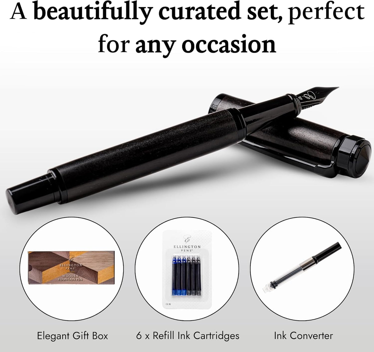 Ellington Pens Elegant Wood Fountain Pen Set – Includes Wooden Pen Box, Ink Converter, 6 Ink