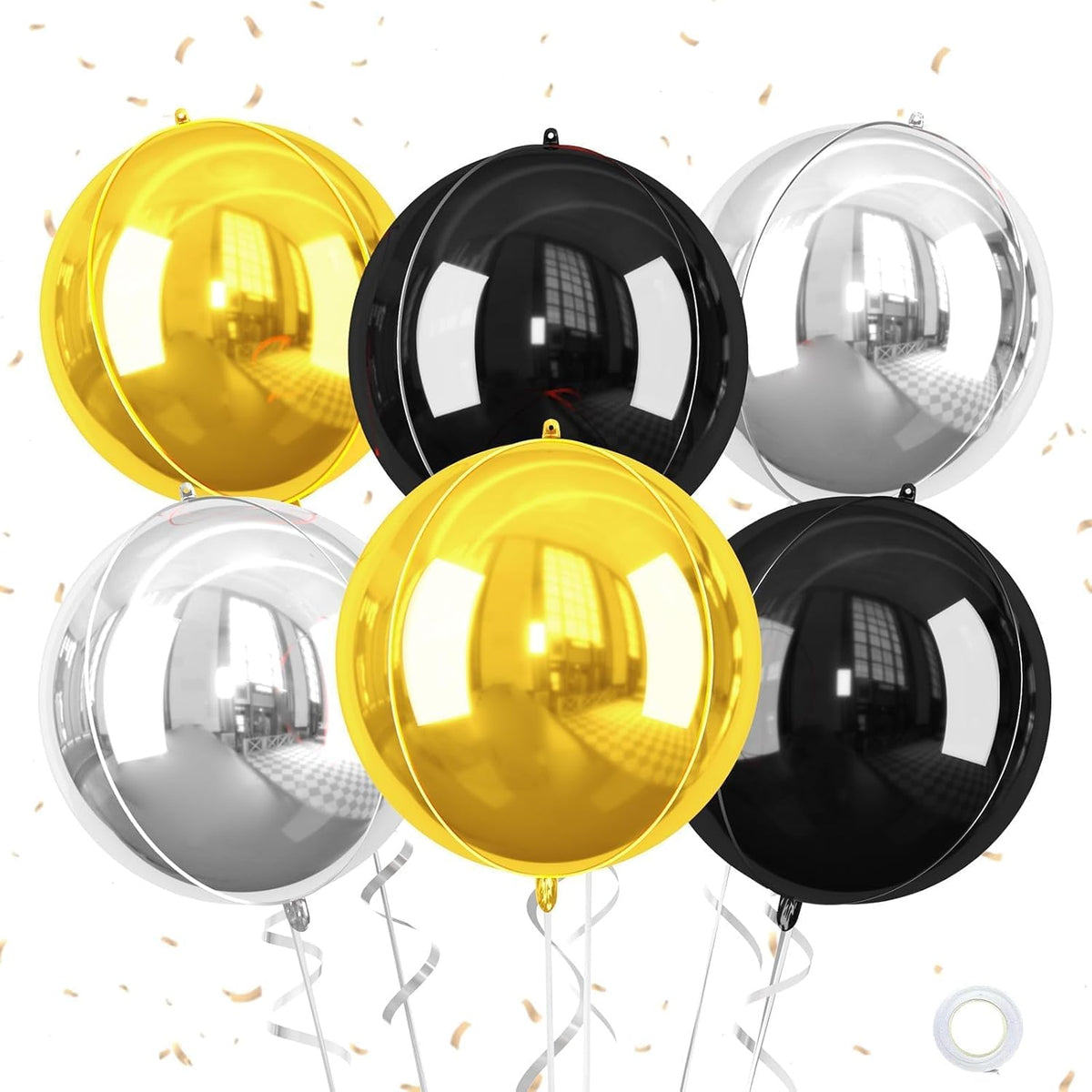 Giant 4D Foil Balloons, 6Pcs Large Metallic Black Gold Silver Round Balloons, 22 Inch Big Round