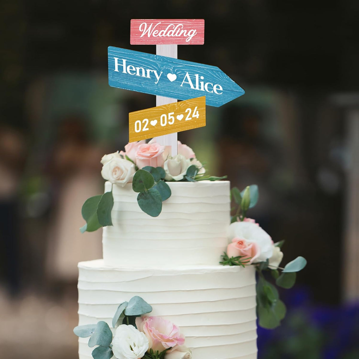 Personalized Rustic Wedding Cake Topper in Wood Custom Bride & Groom Names Initials Wedding Date